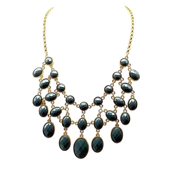 Reversible Vintage Multi Layered Bib Necklace With Faceted Pink or Grey on Gold - Picture 2 of 4